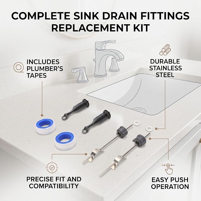 Garosa Sink Drain Fittings Replacement Kit with 2 Pop Up Stoppers 2 Pivot Rods Tapes Bathroom Sink Plug Assembly Repair Kit for Price