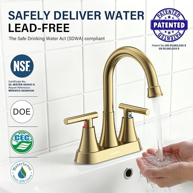 Brushed Gold Bathroom Faucet, Hurran 4 inch Centerset 2-Handle Lead-Free