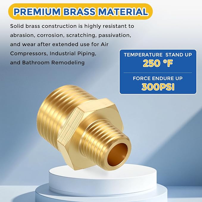 10 Pack Brass Pipe Fittings, 1/2" MNPT to 1/4" Male NPT | Brass Hex Nipple W/ Sealing Tape, Male Pipe Adapter Reducer for Air, Oil, LP, Gas