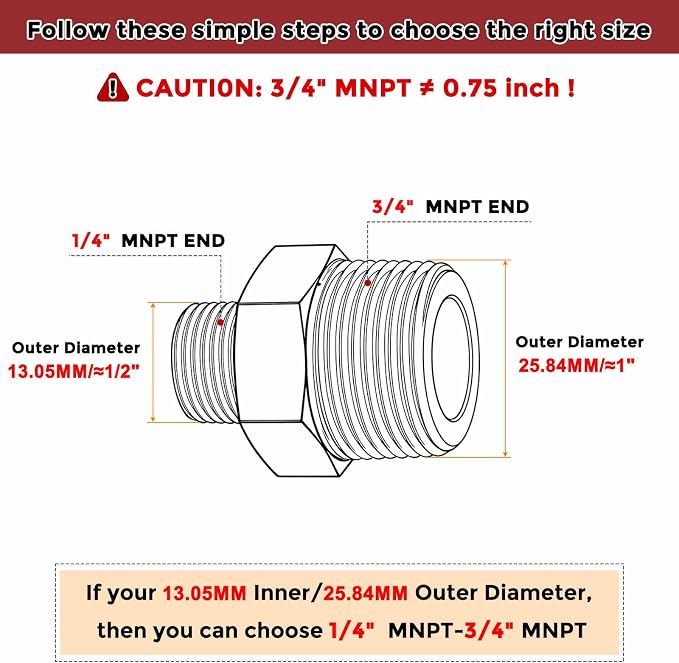 Pack of 2, 3/4" Male NPT To 1/4" Male NPT SUS304 Hex Nipple | Solid Male Pipe Adapter Hose Connectors for Pipe Repair, Bathroom Remodel, Tool Extensions, Compression, Irrigation