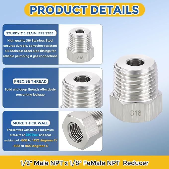 2 Pack SUS316 1/2" Male NPT to 1/8" FeMale NPT Hex Bushing Reducer | 316 Stainless Steel Pipe Fittings, Hose Tube Threaded Adapters with Sealing Tape for Air, Oil, LP, Gas, Fuel, Water