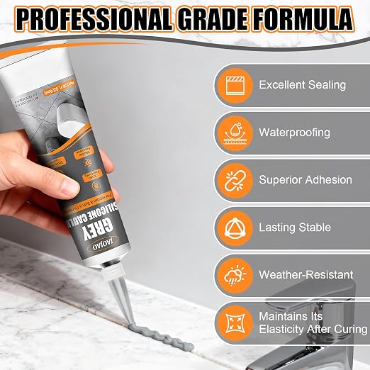 JAOJAO Gray Silicone Caulk, Waterproof & Flexible, Easy to Squeeze Tube