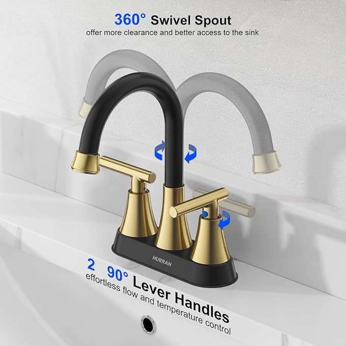 Bathroom Faucet, Hurran 4 inch Centerset 2-Handle Lead-Free, Black&Gold