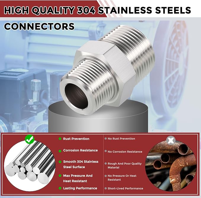 1" Male NPT to 3/4" Male NPT SUS304 Hex Nipple | Solid Male Pipe Adapter Hose Connectors for Pipe Repair, Bathroom Remodel, Tool Extensions, Compression, Irrigation