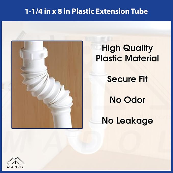 Plastic Drain Extension, 1-1/4 inch x 8 inch White Flexible tube with Slip-Joint Nut and Washer, for Tubular Drain Applications