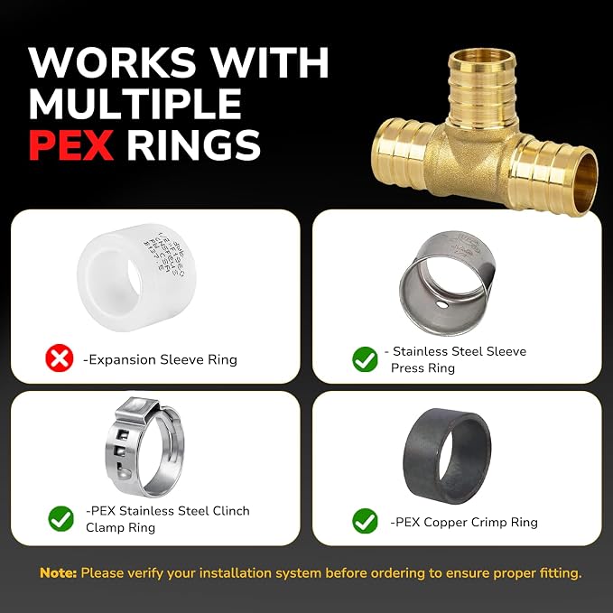 3/4" PEX Tee, PEX Fittings, Heavy-Duty Brass Crimp Fittings for PEX Pipes with Leak-Resistant Construction, NSF & UPC Certified, 5 Pack