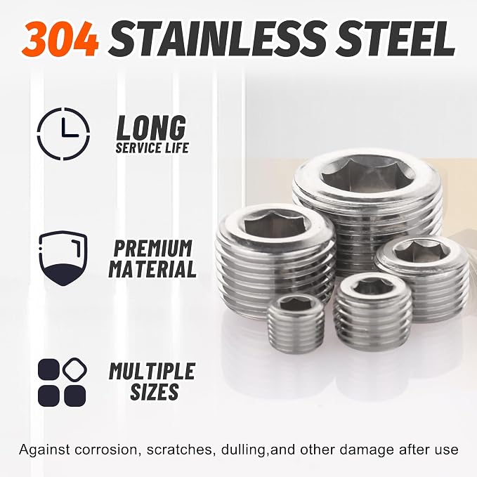 20Pcs Stainless Steel Pipe Socket Plugs,1/8" 1/4" 3/8" 1/2" 3/4" | 304 Stainless Steel NPT Male Thread Internal Hex Socket Pipe Plug Fittings Assortment,5 Sizes