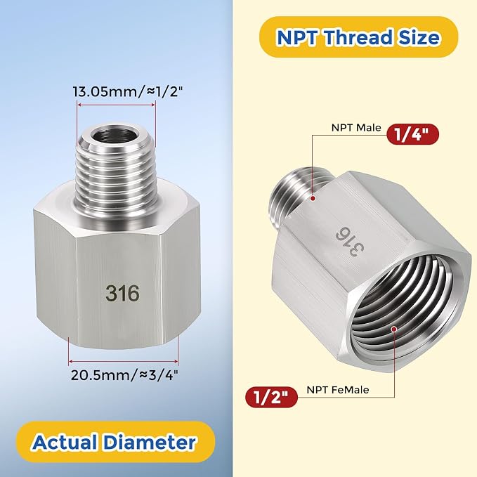 2 Pack SUS316 1/2"FeMale NPT to 1/4"Male NPT Pipe Extension Connector | 316 Stainless Steel Pipe Fittings Reducing Adapters with Sealing Tape for Air, Oil, LP, Gas, Fuel, Water