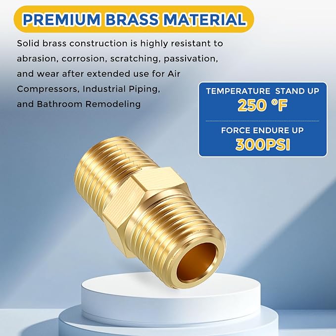 4 Pack Brass Pipe Fittings, 1/8" MNPT to 1/8" Male NPT | Brass Hex Nipple W/ Sealing Tape, Male Pipe Adapter Reducer for Air, Oil, LP, Gas