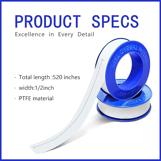 5 Rolls 1/2 Inch(W) X 520 Inches(L) Teflon Tape PTFE Thread Sealant Plumbers Tape for Seal Water Pipe, Shower Head,Prevent Leakage Duct Sealant Tape