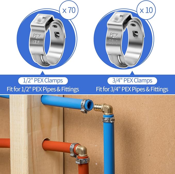 PEX Cinch Clamp Tool Kit, 3/8" to 1" PEX Pipe Clamp Cinch Tool Set | with 1pcs Pipe Cutter, 70 pcs 1/2" PEX Cinch Clamps, 10pcs 3/4" PEX Cinch Clamps
