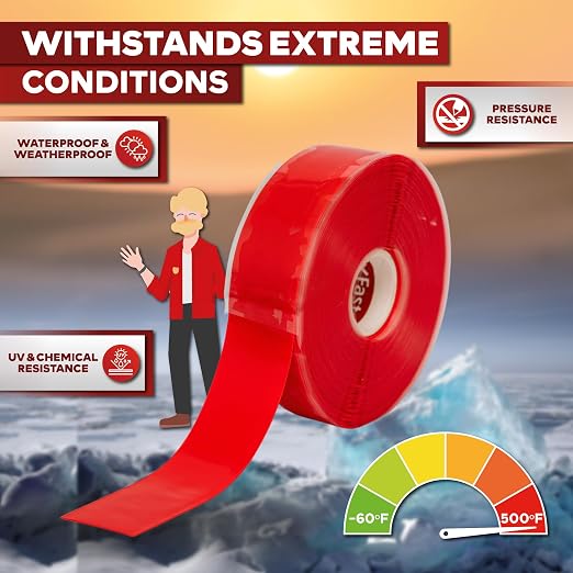 XFasten Self Fusing Silicone Tape Waterproof – 1" x 36 Feet Red, Self Amalgamating Tape, Silicone Rubber for Plumbing, Sealing Pipes, Hose Repair, Outdoor Coax and Electrical Cables – Weatherproof