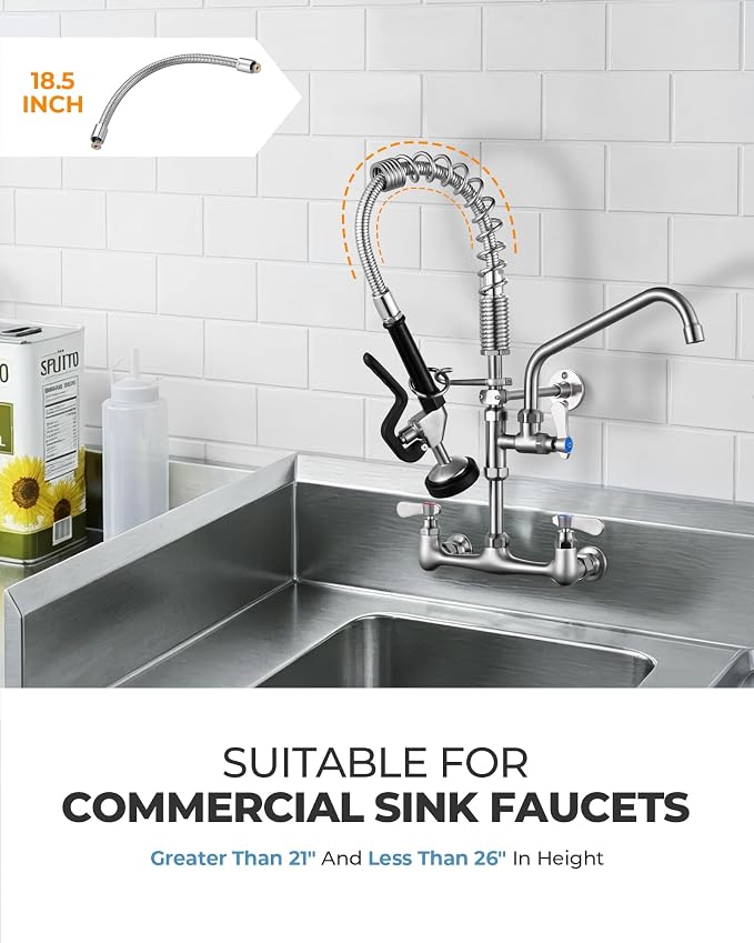 18.5" Commercial Sink Faucet Sprayer Hose, Pre-rinse Sprayer Hose for Commercial Kitchen Sink Faucet, 18.5 Inch Stainless Steel Flexible Hose Replacement Kit for Restaurant Industrial Dishwasher