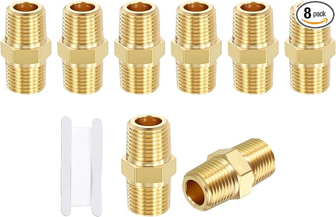 8 Pack Brass Pipe Fittings, 1/8" Male NPT to 1/8" Male NPT | Brass Hex Nipple W/ Sealing Tape, Male Pipe Adapter Reducer for Air, Oil, LP