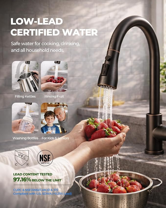 WEWE Pull-Down Kitchen Faucet, 3-Mode Sprayer, Oil Rubbed Bronze, High Arc
