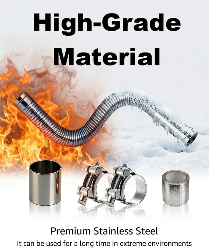 Flexible Stainless Steel Exhaust Tubing, 1.5" ID x 27.6" | Laser Welded Flex Pipe with Coupler, Clamps and Sealing Tape for Generators, Diesel Heaters and RV Exhaust