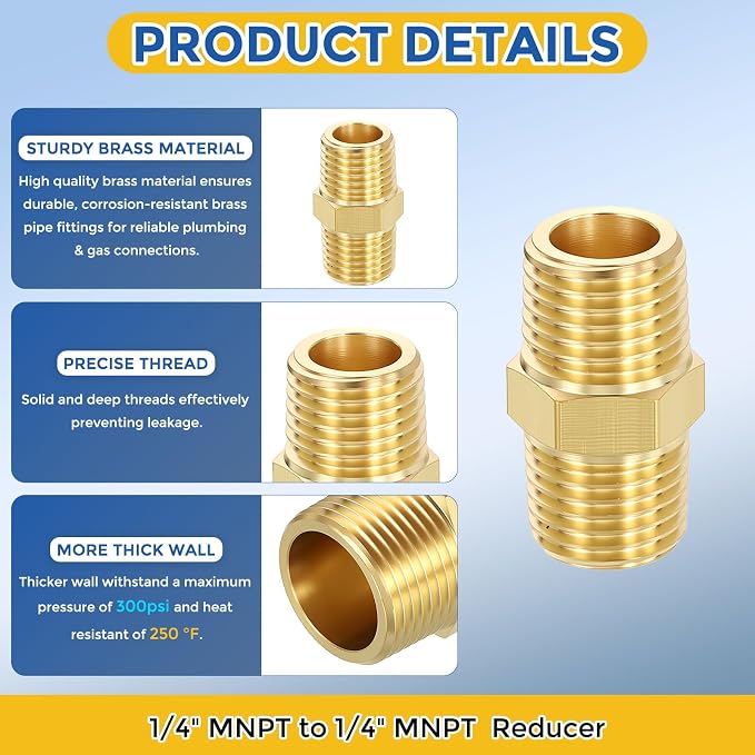 10 Pack Brass Pipe Fittings, 1/4" MNPT to 1/4" Male NPT | Brass Hex Nipple W/ Sealing Tape, Male Pipe Adapter Reducer for Air, Oil, LP, Gas