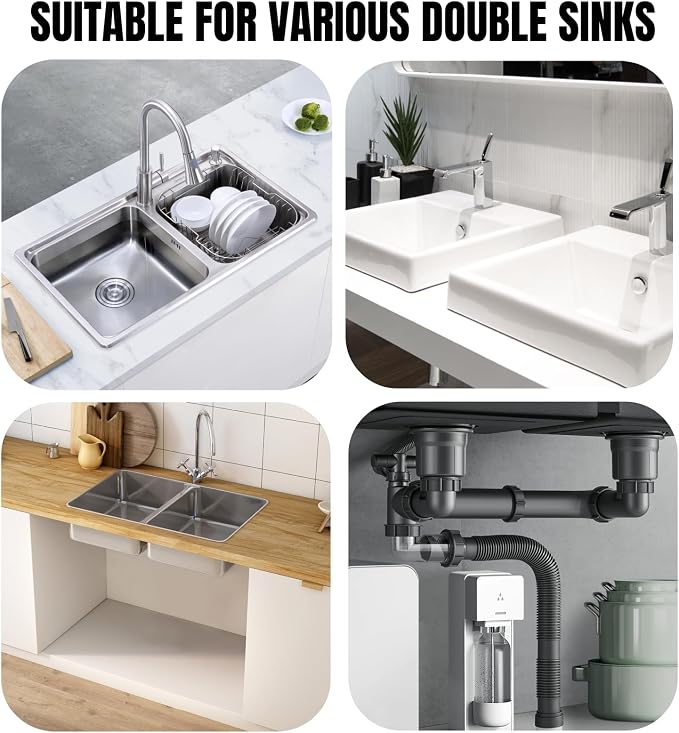 Flexible Double Kitchen Sink Drain Kit, 1-1/2 in Replacement P-Trap