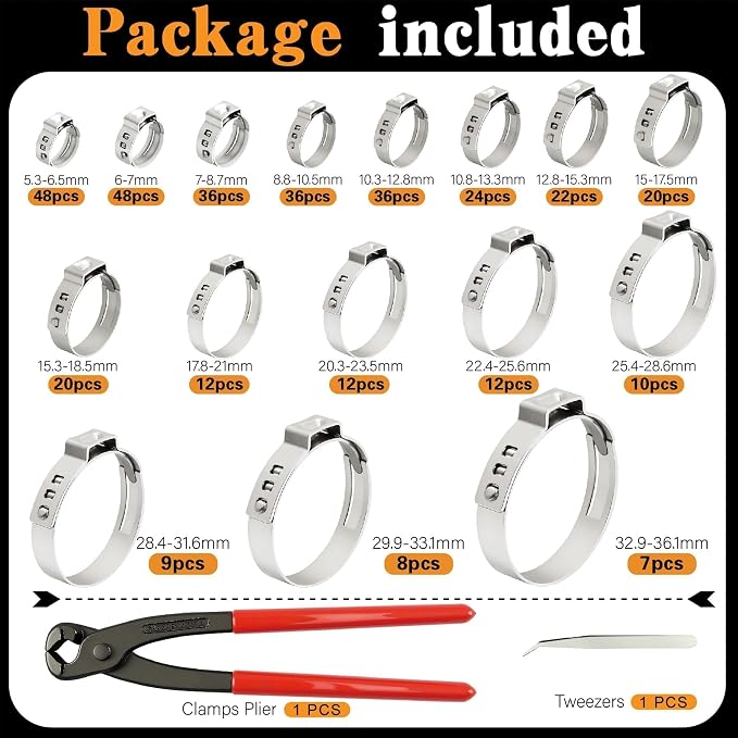 360Pcs Single Ear Hose Clamps Kit,Stepless 5.3-36.1mm 304 Stainless Steel Hose Repair Clamp Cinch Rings,Ear Clamp Pliers Tool with Portable Toolbox for Automotive Fuel Line Plumbing PEX DIY