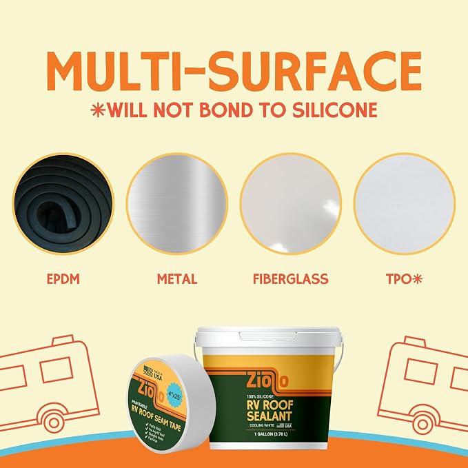 Ziollo RV 35 FT Roof Repair Kit - Roof Repair Kit to Seal and Waterproof, Bond to EPDM Rubber with Sealant (2 Paintable Tape, 4 pk Caulking, 1 Cleaner and 1G & 4G Silicone Pail)