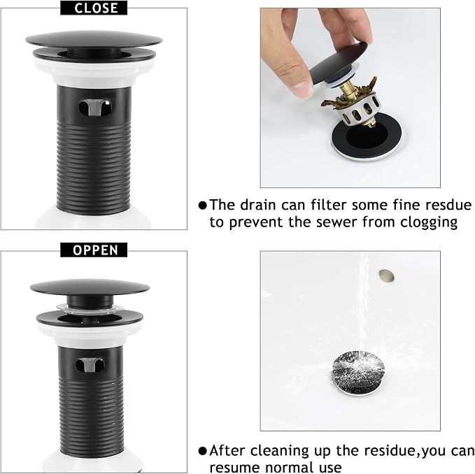 Bathroom Sink Drain,Drain Stopper Bathroom Sink with Overflow,Pop Up Drain Assembly with Detachable Strainer Basket,Built-in Anti-Clogging, Stainless Steel Nut Mattle Black