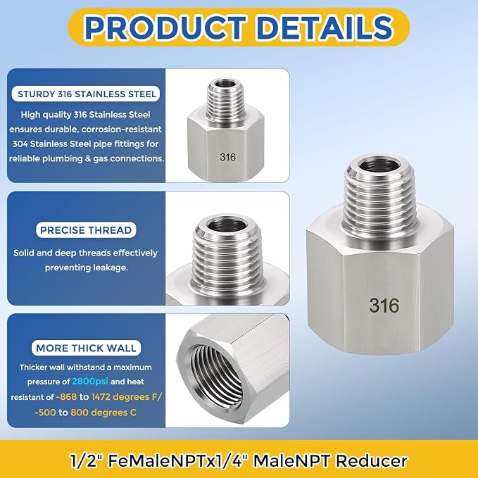 2 Pack SUS316 1/2"FeMale NPT to 1/4"Male NPT Pipe Extension Connector | 316 Stainless Steel Pipe Fittings Reducing Adapters with Sealing Tape for Air, Oil, LP, Gas, Fuel, Water