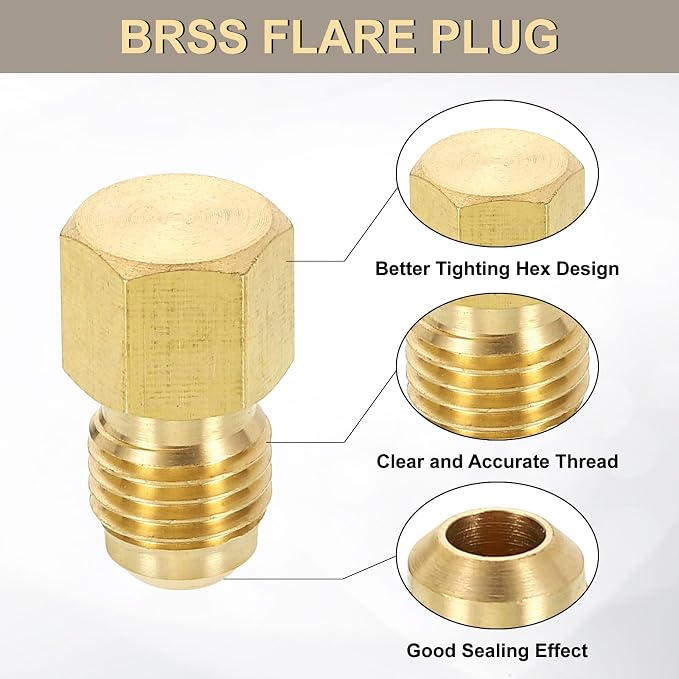 uxcell 4Pcs Brass Seal Plug, 7/16"-20 UNF Male Thread Hex Pipe Fitting, Flare Tube Fittings with Tape for Air Conditioner Pipe Extension Water Gas Line