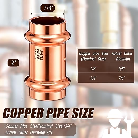 Therwen 10 Pcs Copper Pipe Press Fittings, 3/4 Inch Coupling with Stop Zero Lead, 3/4" Copper Coupling with Stop for Plumbing