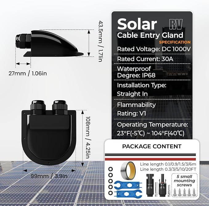 Solar Cable Entry Gland Waterproof PV Entry Gland Multiple Lengths with UV-Resistant PC Housing Includes Butyl Tape for RV Boat Roof Yacht Solar Systems(0.3FT Black)