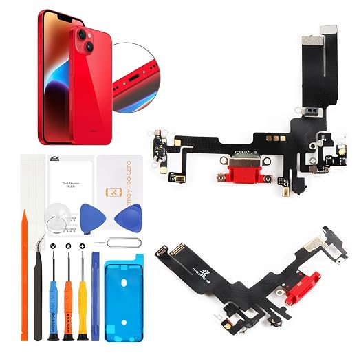 for iPhone 14 Lightning Charging Port Replacement (Red) USB Dock Connector Flex Cable Assembly Includes Waterproof Tape & Tool Kit for A2882, A2649, A2881, A2884, A2883