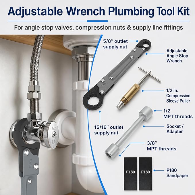 HOLDLY Angle Stop Wrench Kit with 1/2-Inch Compression Sleeve Puller | Slim-Profile Access for Tight Shutoff Valves; Ferrule and Nut Removal for Sink, Toilet and Faucet Supply-Line Repairs