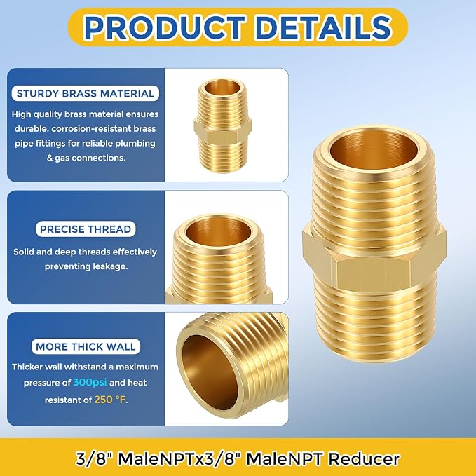 12 Pack Brass Pipe Fittings, 3/8" Male NPT to 3/8" Male NPT | Brass Hex Nipple W/ Sealing Tape, Male Pipe Adapter Reducer for Air, Oil, LP