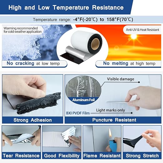 BXI Fluorocarbon Film Asphalt Waterproof Tape, 4 Inches X 32 Feet, Weatherproof Sealing Membrane, Self-Adhesive SBS Modified Bitumen Flashing Sealant Patch, Seam Leak for Roof Window Driveway Repair