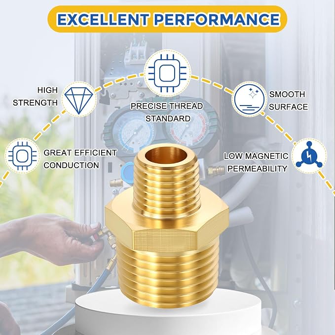 10 Pack Brass Pipe Fittings, 1/2" MNPT to 1/4" Male NPT | Brass Hex Nipple W/ Sealing Tape, Male Pipe Adapter Reducer for Air, Oil, LP, Gas