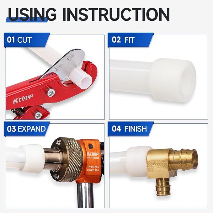 iCrimp PEX A Expansion Tool Kit, Extendable Handle, 1/2"-1", F1960/ProPEX | PEX A expansion tool kit with extendable handles, 1/2", 3/4" and 1" heads, cutter and lubricant.