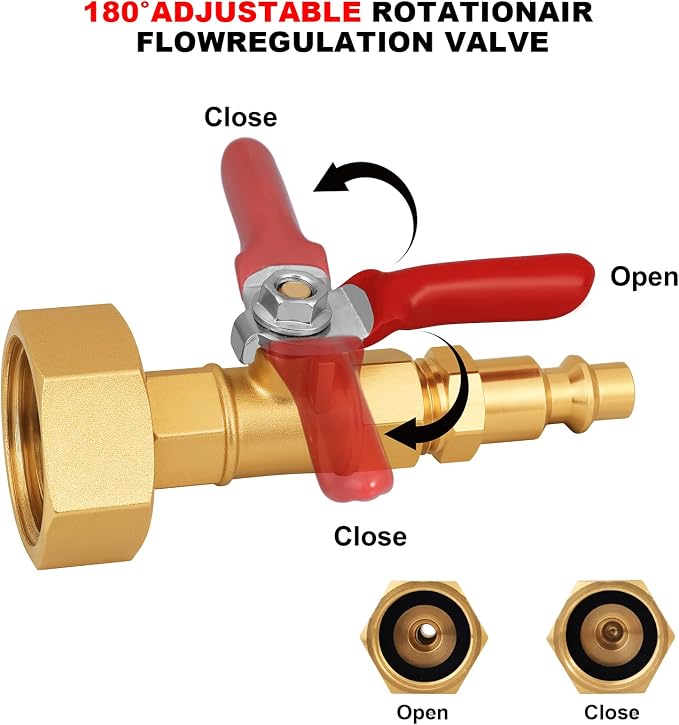 SIGURANTA RV Winterize/Winterization Blowout Adapter - Brass with Ball Valve, 1/4" Male Quick Connect to 3/4" Female GHT Garden Hose Thread