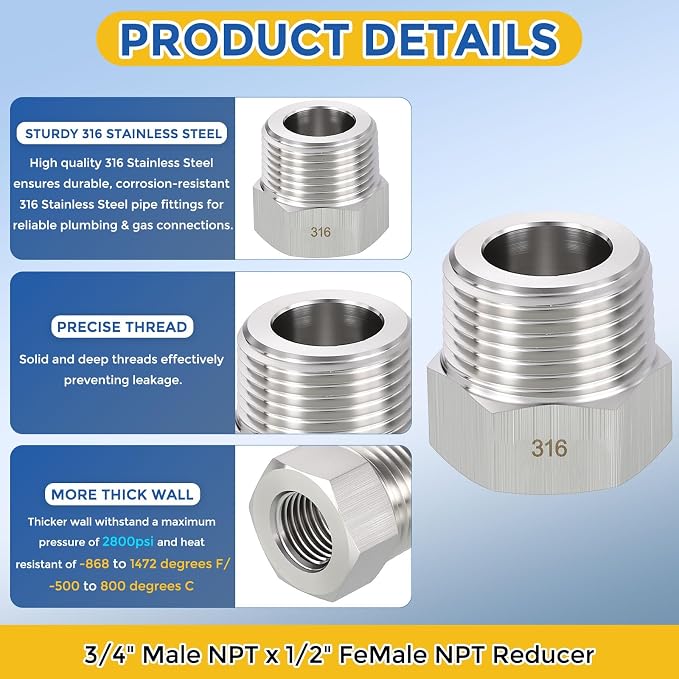 2 Pack SUS316 3/4" Male NPT to 1/2" FeMale NPT Hex Bushing Reducer | 316 Stainless Steel Pipe Fittings, Hose Tube Threaded Adapters with Sealing Tape for Air, Oil, LP, Gas, Fuel, Water