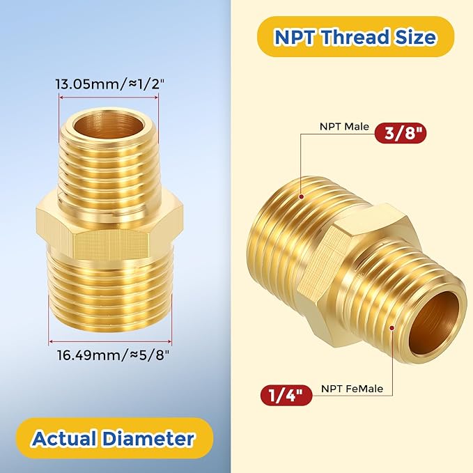 2 Pack Brass Pipe Fittings, 3/8" NPT Male to 1/4" NPT Male | Brass Hex Nipple, Male Pipe Adapter Reducer for Air, Oil, LP