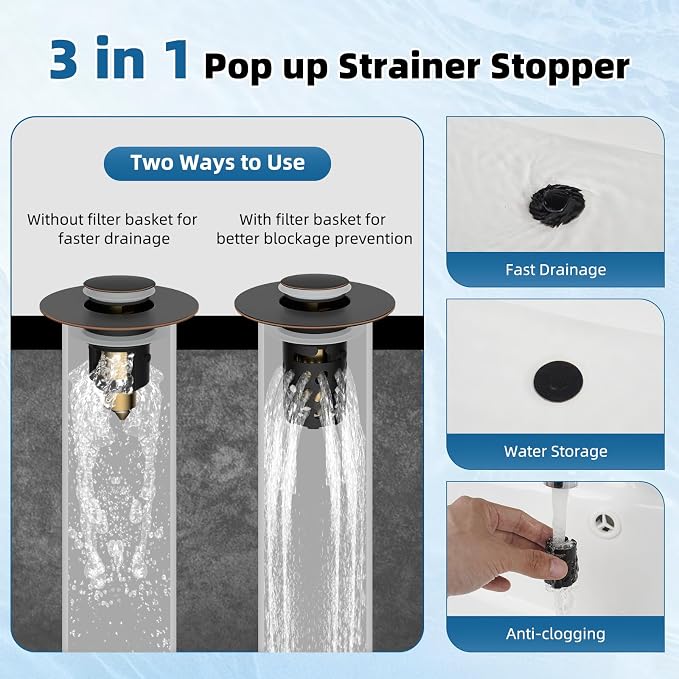 Universal Metal Bathroom Sink Stopper with Hair Catcher, Oil-Rubbed Bronze