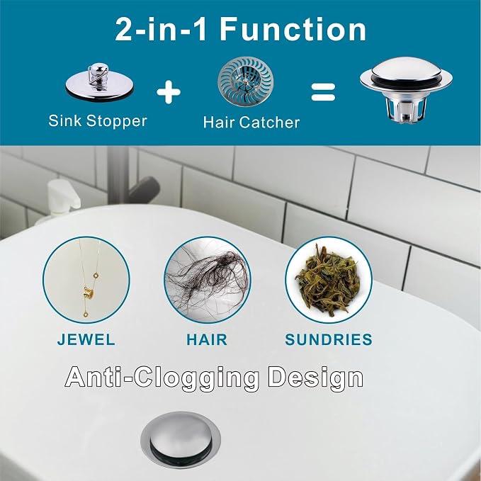 WELSAN Chrome Plated Bathroom Sink Drain Stopper 1 1/8"-1 1/2" Bath Drain
