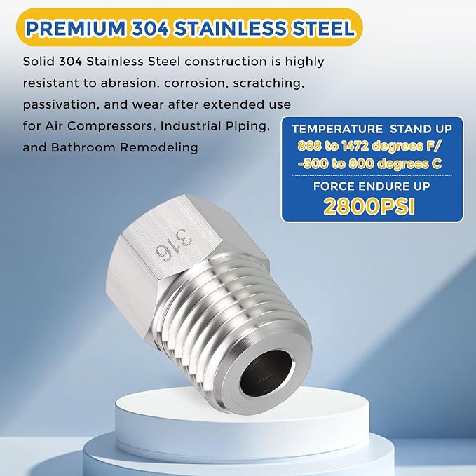 5 Pack SUS316 1/4" Male NPT to 1/8" FeMale NPT Hex Bushing Reducer | 316 Stainless Steel Pipe Fittings, Hose Tube Threaded Adapters with Sealing Tape for Air, Oil, LP, Gas, Fuel, Water