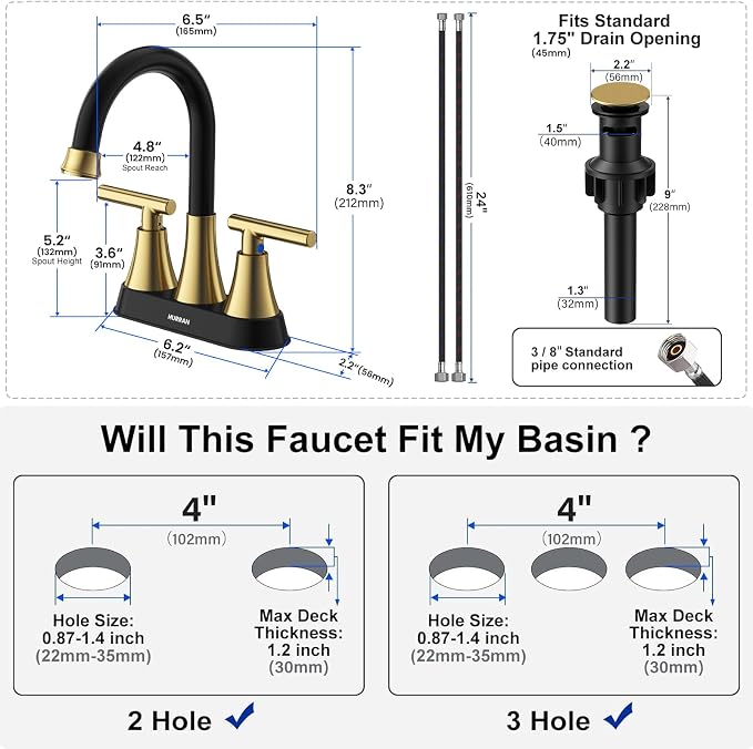 Bathroom Faucet, Hurran 4 inch Centerset 2-Handle Lead-Free, Black&Gold