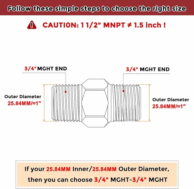 3/4" Male GHT to 3/4" Male GHT SUS304 Hex Nipple | Solid Male Pipe Adapter Hose Connectors for Pipe Repair, Bathroom Remodel, Tool Extensions, Compression, Irrigation