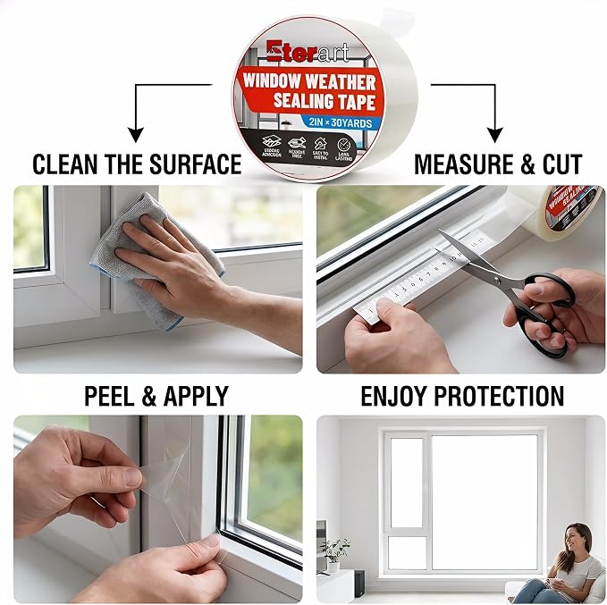 ETERART Transparent Weatherproof Seal Tape for Rain Leaks, 2" x 30Yds | Heavy Duty Adhesive for Winter Drafts, No-Residue Weather Stripping for RVs, Windows, Doors & Renters, easy tear