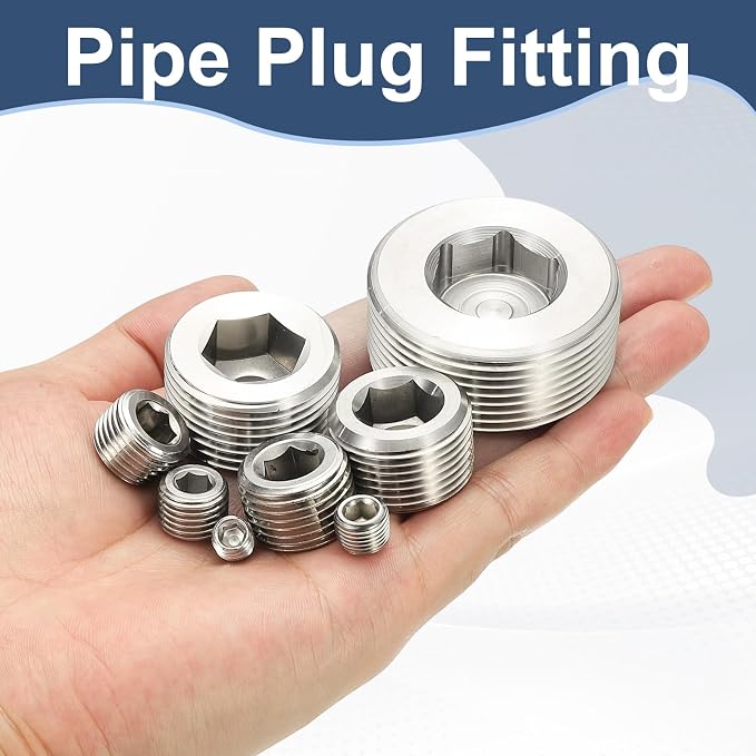 PATIKIL 1/4" NPT Male Internal Hex Pipe Fitting, 6 Pcs 304 Stainless Steel Pipe Plug Fitting Assortment Kit Countersunk Thread Head Socket Pipe Plug Fitting Adapter with Tape, Silver