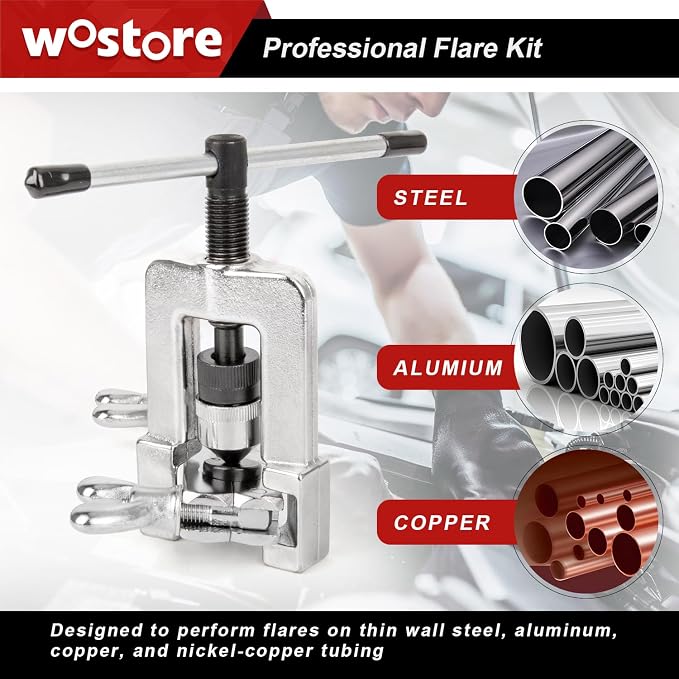 Wostore 25FT Brake Line Kit & Flaring Tool, 24 Brass Fittings, 3/16-5/8" | Double & Single & Bubble flares flaring tool. 25FT 3/16" copper line. Cutter and reamer included. 7 sizes up to 5/8"