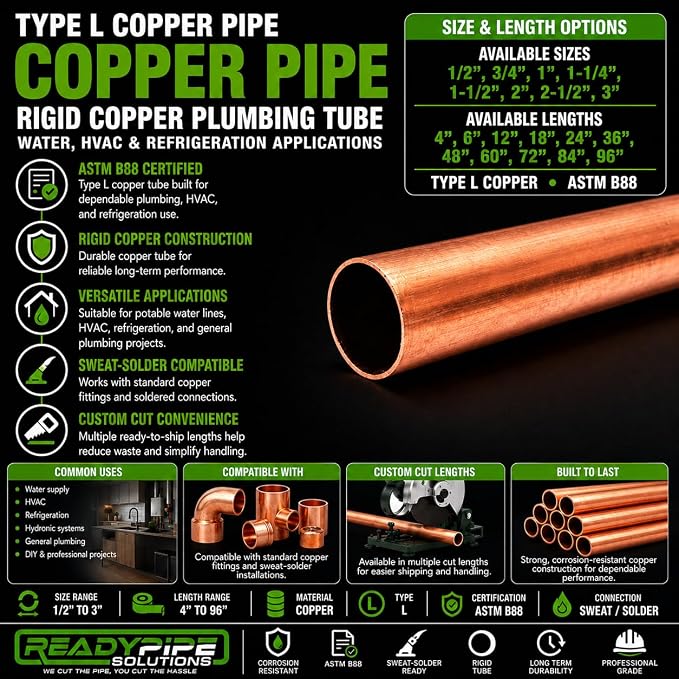 3/4 Inch Type L Copper Pipe, Rigid Plumbing Tube for Water, HVAC and Refrigeration, ASTM B88 Certified, Sweat-Solder Compatible (0.75, 3/4" (0.875" OD / 0.785" ID), Inches, 96.0, Inches)