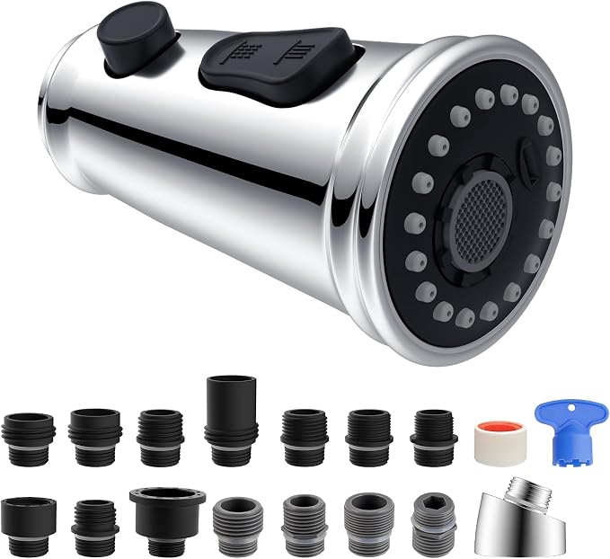 Hibbent Pull Down Kitchen Faucet Head Replacement, NSF/ANSI/CAN 61 & CUPC Certified 3-Function Sink Spray Nozzle with 15 Adapters, Compatible with Moen, Delta, Kohler Faucets-Chrome