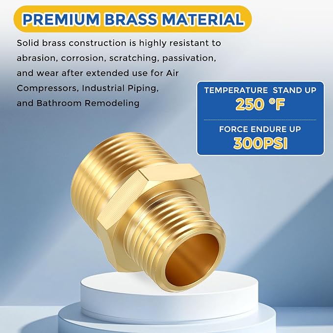 2 Pack Brass Pipe Fittings, 3/4" MNPT to 1/2" Male NPT | Brass Hex Nipple W/ Sealing Tape, Male Pipe Adapter Reducer for Air, Oil, LP, Gas