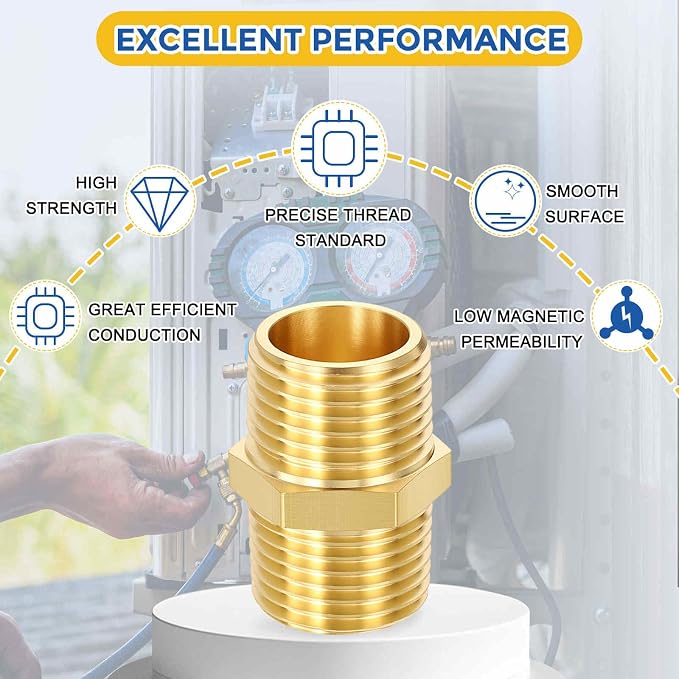 5 Pack Brass Pipe Fittings, 1/2" MNPT to 1/2" Male NPT | Brass Hex Nipple W/ Sealing Tape, Male Pipe Adapter Reducer for Air, Oil, LP, Gas